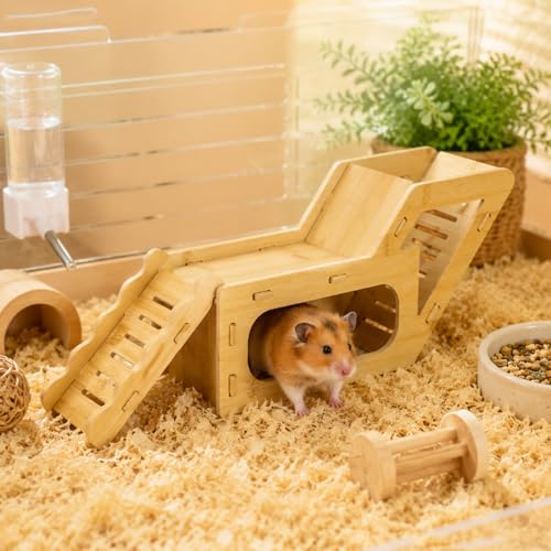 Hamster Hideout,Hamster Platform, Bamboo Hamster Hideout with Double Ramps and Climbing Ladders, Wooden Hamster House, Small Animal Cage Accessories for Dwarf Hamsters, Syrian Hamsters, Gerbils, Mice