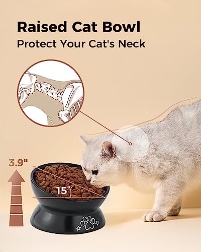 LoeJan Elevated Cat Food Bowl, 5 Oz Ceramic Raised and Tilted Water Bowl, Anti Vomiting and Protect Pets' Spines Dishes for Small Dog, Fat Faced Cat, Kitten (Black Pattern, 1 Pack) - color: Black Pattern