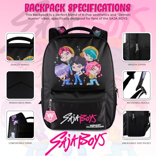 AI ACCESSORY INNOVATIONS K-Pop Demon Hunters Chibi Saja Boys 16” Backpack for Girls, Featuring Jinu, Abby, Mystery, Romance, & Baby, Saja Rubber Molded Bag Charm, Saja Boys - style: Saja Boys