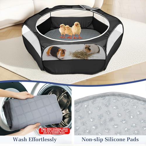 Pawaboo 2-in-1 Small Animals Playpen with Pad, Black+Gray | Waterproof, Reusable Pad, Portable Outdoor Yard Fence with 3 Metal Rod, For Chick/Kitten/Guinea Pig/Rabbits/Chinchillas - color: U-Black + Gray