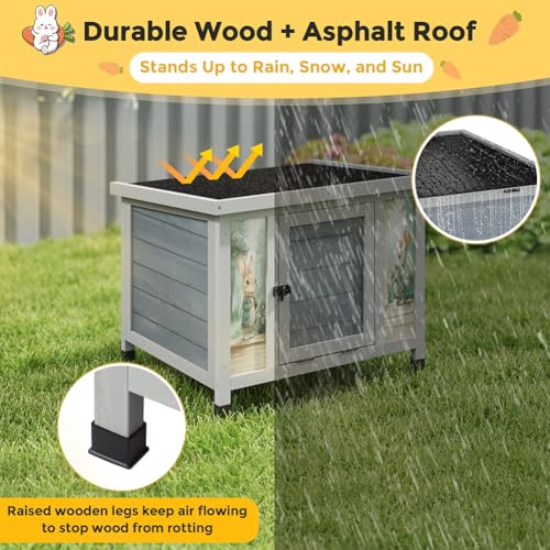 COZIWOW 24 Inch Rabbit Hutch Outdoor, Weatherproof Cat House, Bunny Cage Indoor with Non-Slip Ramp, Portable Wooden Shelter for Rabbits, Feral Cats, Chicken, Duck & Other Small Animals (Grey) - color: Grey w/printing
