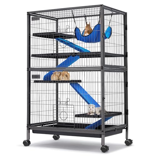 Fragess Small Animal Cage, 50" H Large Metal Rolling 5-Tiers Guinea Pig Cage, Ferret Cage, Rabbit Cage, Chinchilla Cage for Rats/Hamsters, 0.5" Bar Spacing with Removable Ramp & Platform (Large)