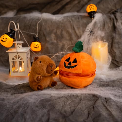 Plushland Halloween Zip-Up Pumpkin Stuffed Animal Plush Toys,Hideaway Spooky Black Cat Bat Ghost Capybara Plush Halloween Toy for Festive Decorations & Fun Surprises 6 Inches (Capybara) - style: Capybara