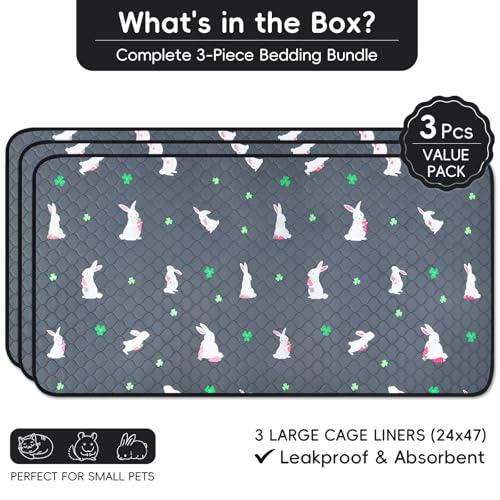 3 Pack Guinea Pig Cage Liners, Washable Guinea Pig Pee Pads Waterproof Reusable & Anti Slip Guinea Pig Bedding Fast and Super Absorbent Pee Pad Tarp Bottom for Small Animals (Rabbit Pattern 24" X 47") - color: Rabbit - Black, size: 24x47 Inch (Pack of 3)