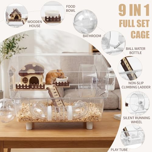 Loungewave Acrylic Hamster Cage, 8 in 1 Gerbil Cage with Accessories | Mushroom House Style Dwarf Hamster Cage with Full Transparent Viewing, Clear View Inside Easy to Clean, Excellent Ventilation - color: Transparent-1