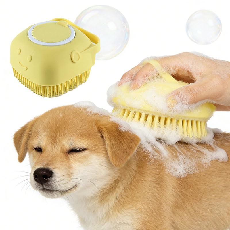 Pet Grooming Bath Massage Brush with Built-in Shampoo Dispenser & Hanging Rope, Soft Bristles for Long Short Haired Dogs Cats Shower Gentle Cleaning and Massage, Yellow
