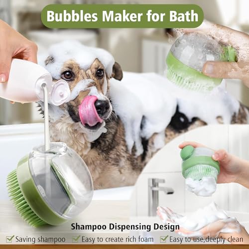 Dog Bath Scrubber Brush, 2 PCS Pet Dog Grooming Massage Shampoo Bath Brush with Soap and Shampoo Dispenser Soft Silicone Bristle for Long Short Haired Dogs Cats Shower - color: Green & Pink