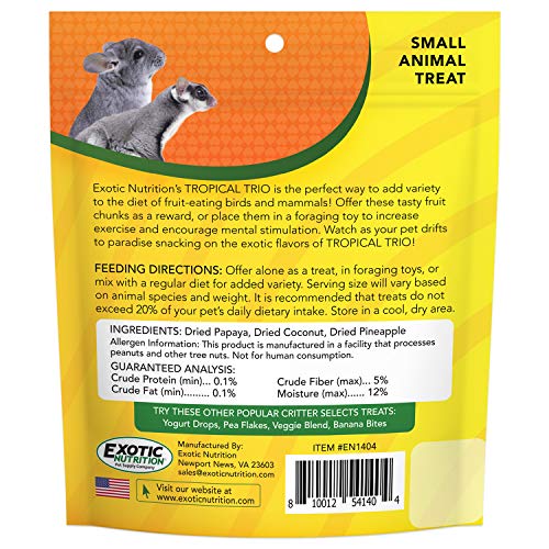 Tropical Trio - Healthy Natural Mixed Dried Fruit Treat - Papaya, Coconut, Pineapple - for Sugar Gliders, Squirrels, Prairie Dogs, Skunks, Marmosets, Parrots, Birds, Rats, Small Pets (4.5 oz.)
