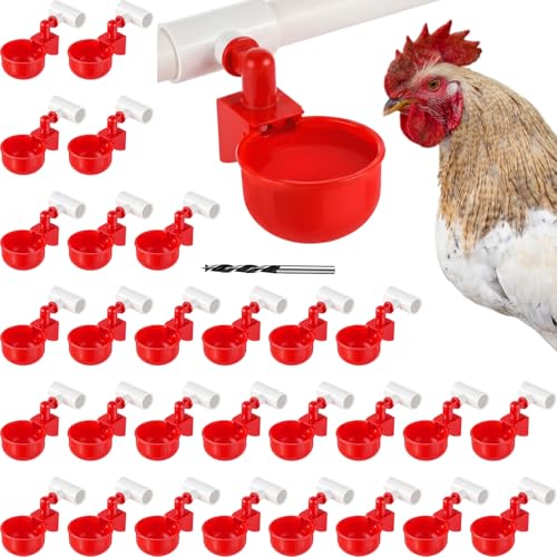 LemonRoad 30 Set Automatic Chicken Waterer Cups with 1/2" PVC Tee Fitting Chicken Drinking Bowl, Poultry Drinker Mounting Hole Opener,Water Dispenser Feeder for Duck, Goose, Turkey, Pigeon(Red) - color: Red 2