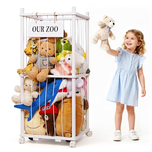 Stuffed Animal Storage Zoo, Wooden Stuffed Animal Organizer with Wheels | Stuffy Storage with Upgraded 5-Row Elastic Cords, Space-Saving Plush Toy Storage Holder for Playroom, Bedroom, Nursery - color: White, size: Small