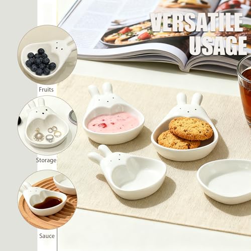 Rabbit Ceramic Soy Sauce Dishes - Set of 4 Cute Mini Dipping Bowls for Home Gift Sushi, Miso, and Side Dishes, Durable and Dishwasher Safe Appetizer Plates