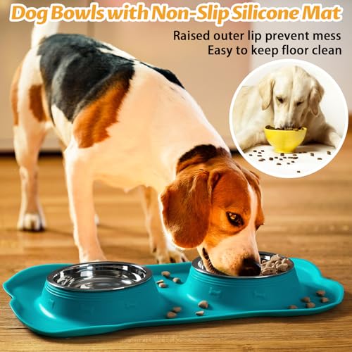 Hubulk Pet Dog Bowls 2 Stainless Steel Dog Bowl with No Spill Non-Skid Silicone Mat + Pet Food Scoop Water and Food Feeder Bowls for Feeding Small Medium Large Dogs Cats Puppies (Small, Green) - color: Green, size: Small