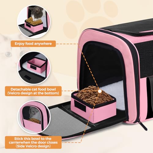 Cat Carrier Soft with Detachable Food Bowl,Soft-Sided Pet Bag(Up to 16 lbs) | Puppy Crate with Lockable Zippers,Airline Travel for Small Dog,Kitten,Animal,Breathable Mesh Kennel,Carrying Case,Pink - color: Pink, size: 17.0"L x 12.0"W x 11.0"H