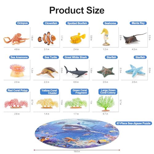 81PCS Large Realistic Ocean Sea Animal Toys with 20" Floor Puzzles for Kids, Kids Solid Ocean Animals Figuress Includ Shark,Octopus,Starfish,Sea Turtle for Toddler Boys Girls Birthday Gifts
