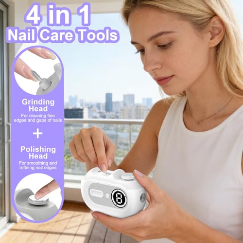 4 in 1 Electric Nail Clipper for Seniors, Automatic Nail Trimmer with Night Light & 9 Speeds Nail Polisher Fingernail Clippers for Women & Men Nail Grinder Files for Elderly - size: White