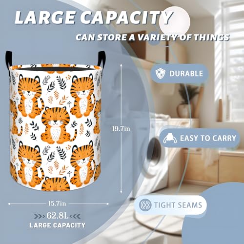 Cheerful Tiger with Leaf Laundry Basket with Handles, 19.7"x15.7" Clothes Foldable Cute Tigers Cartoon Animal Laundry Hamper Organizer for Dorm Nursery Bedroom Bathroom Decor, Toy Storage Bin for Kids - style: Tiger20