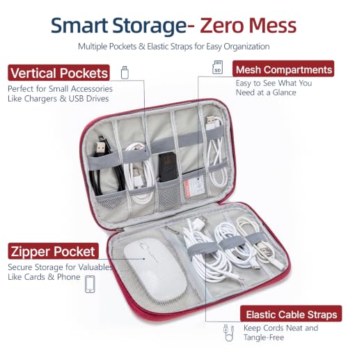 Cable Organizer Bag, Electronics Case for Cords, Chargers & Tech | Organize cables, chargers and power banks with elastic loops, mesh pockets and a slim design for travel. - color: red, size: S