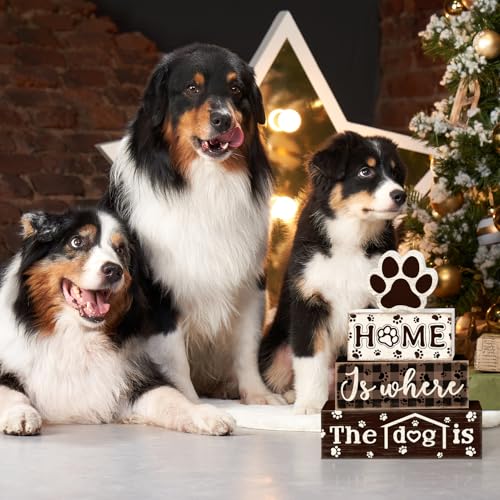 Tiered Tray Decor Set, 4 Pcs, Wooden, for Home Kitchen, Dog Paw | Rustic Distressed, Farmhouse Rustic Summer Coffee Table Centerpieces Office Decorations - style: Dog Paw