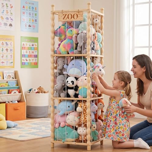 Stuffed Animal Storage Organizer, Wood Animals Zoo Toy Plushies Storage Holder with Cute Wave Design, Large Capacity Plush Toy Cage for Kids Room, Nursery & Playroom Organization(54" Tall)