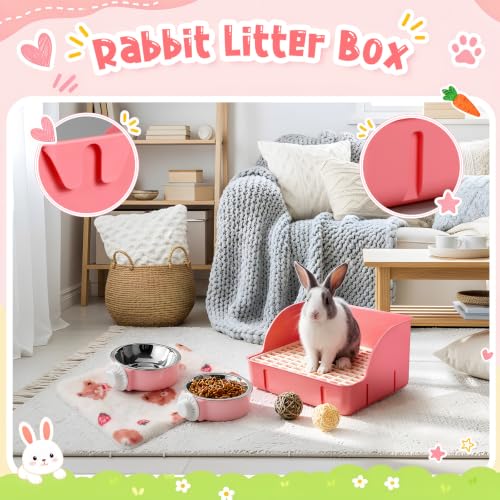 Reallnaive 15 Pcs Rabbit Starter Kit Small Rabbit Litter Box Girls Gift Animal Grooming Kit Bunny Toys Bowl Blankets with Cleaning Set for Guinea Pig Accessories (Bright Pink‌) - color: Bright Pink‌