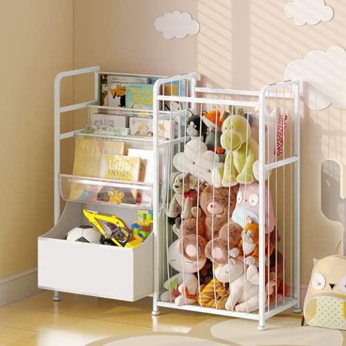 BBLIKE Kids Bookshelf and Stuffed Animal Storage - Multi-Function Nursery Book Shelves with Leather Toy Box and PVC Book Display, Toy Organizer for Playroom, Bedroom, Nursery, White - color: White