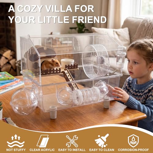 Loungewave Acrylic Hamster Cage, 8 in 1 Gerbil Cage with Accessories | Mushroom House Style Dwarf Hamster Cage with Full Transparent Viewing, Clear View Inside Easy to Clean, Excellent Ventilation - color: Transparent-1