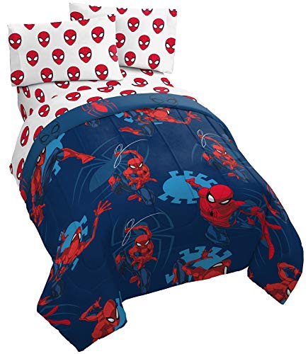 Marvel Spiderman Full Size Comforter Set 5 Piece Kids Bedding, Blue | Bed in a Bag, Comforter Sheets Pillowcases, Official Product, Soft Microfiber, Machine Washable, Easy Care, Boys Gift - color: Blue - Spiderman, size: Full