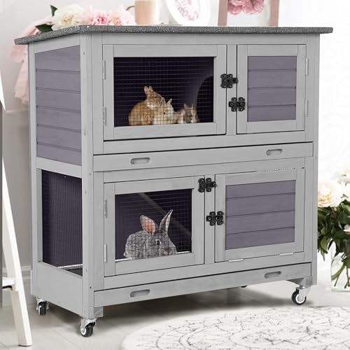 Rabbit Hutch with Trap Door Indoor Rabbit Cage with 4 Casters Bunny cage 2 Story & 2 Trays Guinea Pig Cage 36 inchs Bunny Cage - color: Grey