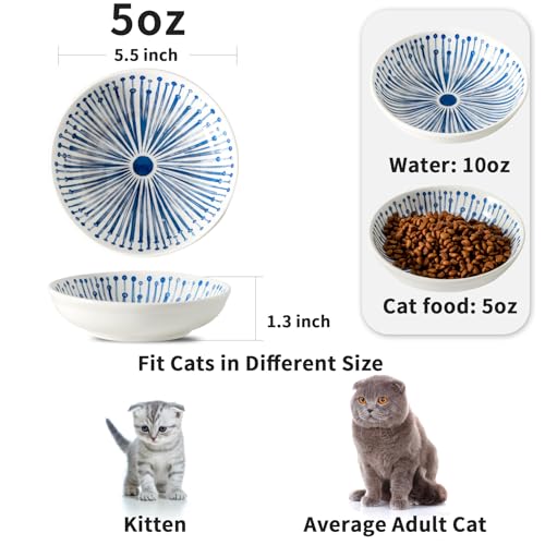 3 Ceramic Cat Bowls,5.5 inch Wide Shallow Cat Food Bowl for Relief Whisker Fatigue B Style - color: Blue-B
