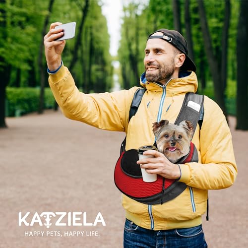 Expandable Pet Carrier Sling Bag - Small Dog, Puppy and Cat Carrier Front Shoulder Backpack w/Harness Strap - Carrying Pouch for ESA, Animal Travel - PU Leather Bottom, Mesh Pocket by Katziela (Red) - color: Red
