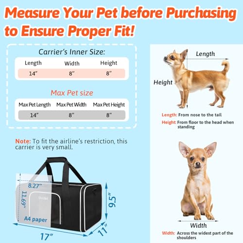 Small Pet Carrier 17"x11"x9.5" with Wheels Airline Approved, Black | for Alaska Airlines, Lockable Safety Zippers and Anti-Scratch Mesh, Pets Under 10 lbs - color: Black and Wheeled, size: 17.0"L x 11.0"W x 9.5"H