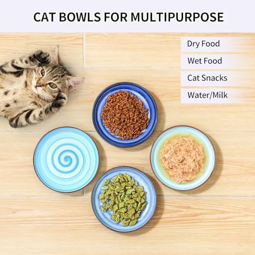 Selamica Ceramic Cat Bowls, 6 Inch Cat Food Bowl Whisker Friendly, Shallow Wide Kitten Plates for Food and Water, Set of 4, Gradient Blue - color: Gradient Blue, size: 6 Inch, Set of 4