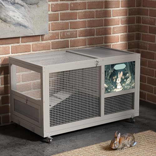 COZIWOW Fashionable Wood 36In Rabbit Hutch Indoor on Wheels Bunny Cage Outdoor Rabbit Cage with Clean Tray, Openable Roof, Anti-Slip Ramp for Small Bunny Rabbit (Grey with Pattern) - color: Grey