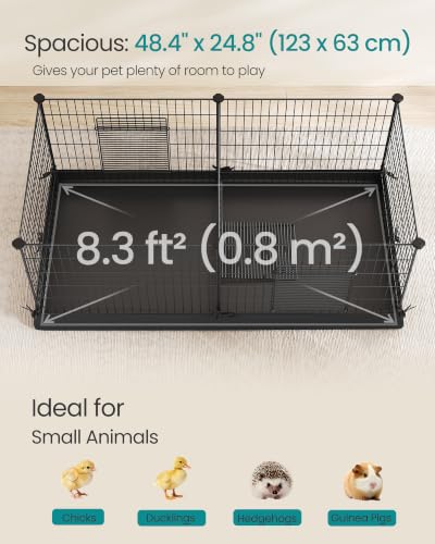 SONGMICS Guinea Pig Cages, Metal Grid Small Animal Playpen with Waterproof Washable Liner, 2 Separate Spaces for Rabbits, Ferrets, Bunnies, Hedgehogs，48.4 x 24.8 x 18.1 Inches, Black ULPI07H - color: Black, size: 48.4"L x 24.8"W x 18.1"H, style: 7 Panels