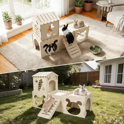 Large Rabbit House with 2PCS Rabbit Scratch Mat, Wooden Bunny Castle with 4 Houses Indoor, Guinea Pig Cage Multistory Climbing Tower Sturdy Wooden Castle, Small Animal Hideaway Tunnel - size: 4 Houses with Pad