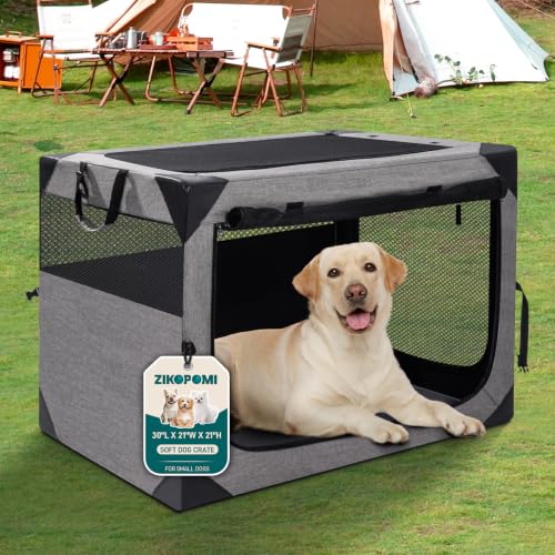 Zikopomi 30 Inch Portable Travel Dog Crate, 3 Door Collapsible Soft Pet Kennel with Durable Mesh Windows for Small and Medium Dogs, Foldable Dog Cage with Storage Pocket for Outdoor (Light Grey) - color: Light Grey, size: 30.0"L x 21.0"W x 21.0"H