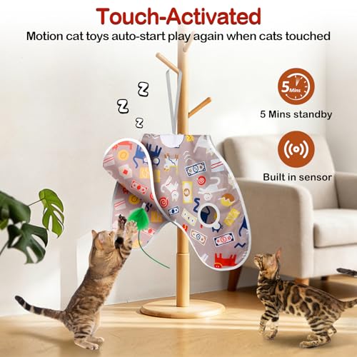 Interactive Cat Toys Moving Concealed Feathers Cat Toys Motion Activated Wall-Mounted Hanging Kitten Toy with Real Mouse Squeaky