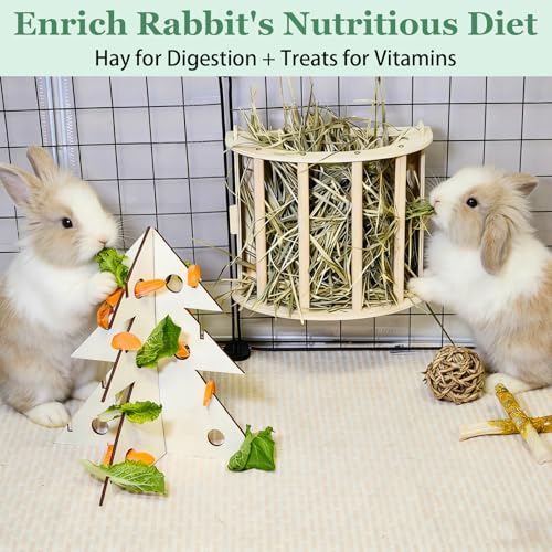 Guinea Pig Hay Feeder Wooden Rabbit Hay Rack Bunny Treat Holder Vegetable Dispenser Foraging Toy Cage Accessories for Chinchillas Small Animals
