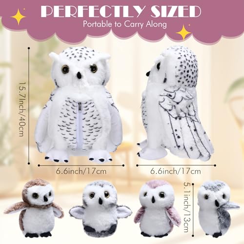 Hollowfly 5 Pcs Owls Plush Toy Gift Set 15.7" Mommy Snowy Owls with 4 Cute White Babies Stuffed Animal in Zippered Belly Nurturing Plushies Toy Set for Kid Adults Birthday Birthday Party Favors Gifts - style: Owls