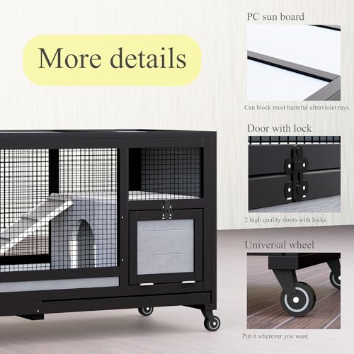 Wooden Rabbit Hutch Indoor Outdoor Bunny Cage on Wheels, Mobile Rabbit House with Deep No-Leak Pull Out Tray, Ramp & Hideout, Large Wooden Small Animal Habitat for Guinea Pigs, Chinchillas (Black)
