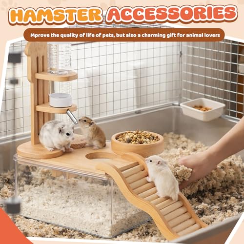 4 Pcs Hamster Cage Accessories Water Bottle Set,Rectangle | Hamster Sand Bath Box Feeding Bowl Climbing Toy Wooden Ladder Bridge Set for Rat Mice Small Animals Habitat Decor Enrichment