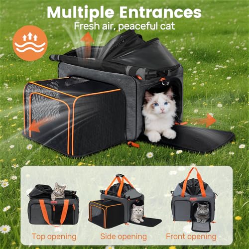 Cat Carrier Soft Sided Airline Approved for Small Pet Dog Travel | Collapsible, Top Loading, for Medium Animal Kitten Puppy Long Car Trip, Expandable Fabric Large Bag, for Kitty Under 20 lb