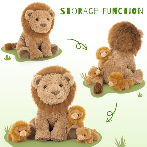 Lion Stuffed Animal with 3 Babies, 17.7" Wild Animal Plush Toys | 4Pcs Mother and Baby Lion Plushies; Zipper Belly Hide-and-Seek; Safari Pretend Play; Birthday & Christmas Gift for Kids - style: Lion