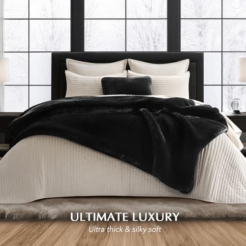 EVERGRACEHOME Faux Chinchilla Fur Throw Blanket, 60"x80", Black Noir Mink | Luxury, Super Soft, 1220GSM, Fluffy Cozy Mink, Reversible Velvet Back, Warm Thick Heavy Winter Throw for Couch Bed, Gift - color: Black Noir Mink, size: 60"x80"