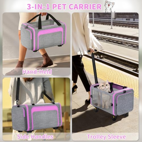 Airline Pet Carrier with Wheels, 18x11x11 for Cats & Toy Dogs | Soft-sided nylon under-seat bag, removable wheels, expandable mesh, cats & toy-breed dogs, measure pet before buying - color: Pink