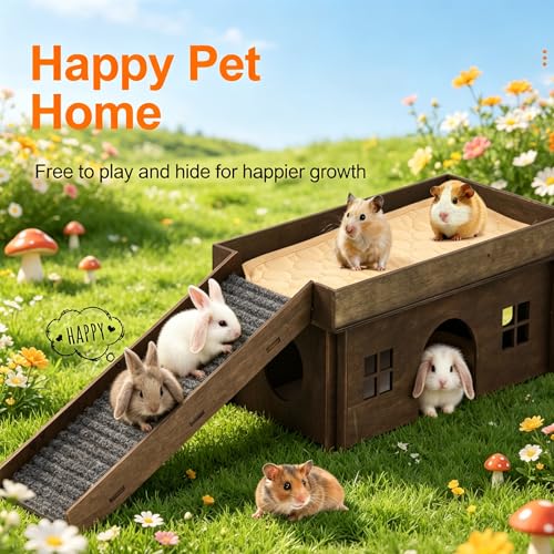 Large Sturdy Bunny House, Guinea Pig Rabbit Hideout Castle | Small Animal House Bed Hut Habitats with Stairs, Sturdy Wooden Guinea Pig Hideout for Hamsters Bunny Chinchillas Hiding - color: Walnut