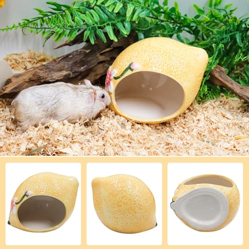 Hamster Houses and Hideouts, Ceramic Lemon Shape Hamster Hide, Small Animal Habitat Decor, Cage Accessories for Hamster, Gerbil, Gecko, Rat and Other Small Animals - size: Large