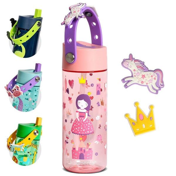 Elemental Water Bottles for Kids - Splash Kids Water Bottle for School with Fun Charm Handle - BPA Free Tritan Plastic Bottle with Straw Leak Proof When Spout is Closed - 18oz - Princess Dream - color: Princess Dream