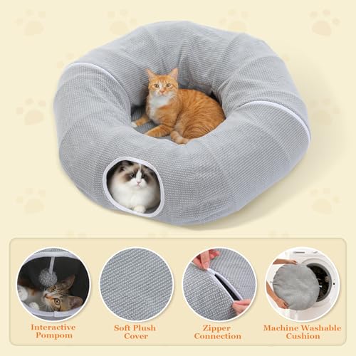 PEQULTI Cat Donut Tunnel with Bed for Indoor Cats, Cat Play Tunnel with Washable Soft Plush Mat, Round Tube Toys Cute Tube for Kittens, Puppies, Rabbits and Ferrets, Grey - color: New Gray