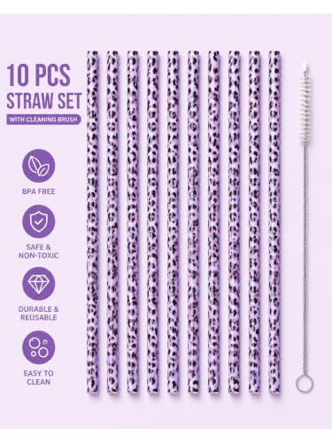 10Pcs Purple Reusable Leopard Straws Cheetah Print Straws | Hard Plastic Cheetah Animal Straws with Cleaning Brush Fun Leopard Print Straws for Animal Print Birthday Party Decoration - color: Purple